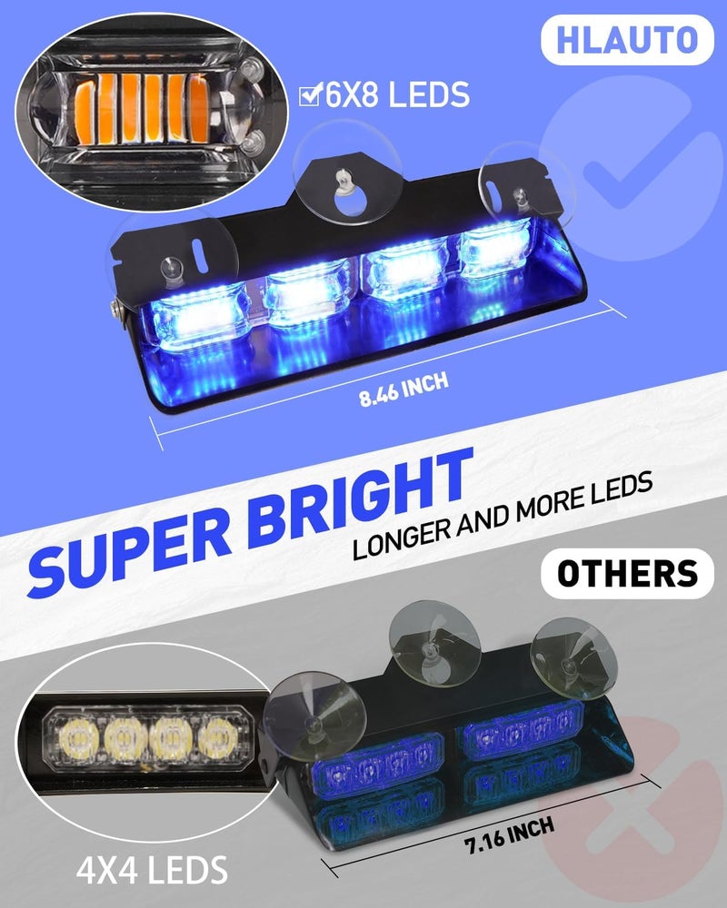 HLauto 2002L Emergency Dash Strobe Lights: Blue Safety Lights, Flashing Warning Hazard Windshield Visor Traffic Light Bars for Trucks, Construction Vehicles (2x8.5 inch, 48LED) - Image 2